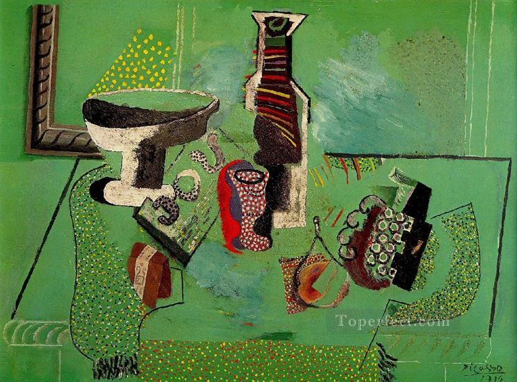 Compotier botella de vidrio fruta Bodegón verde 1914 Pablo Picasso Pintura al óleo